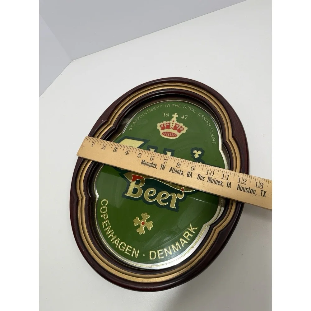 Carlsberg Beer Sign Mirror with Wood Frame Copenhagen Denmark Vintage 1990